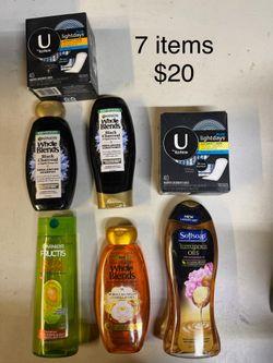 3 Whole Blends Shampoo & Conditioner, 1 Garnier Frutis Shampoo, 1 Softsoap Body Wash, 2 Kotex Pads: 7 items $20