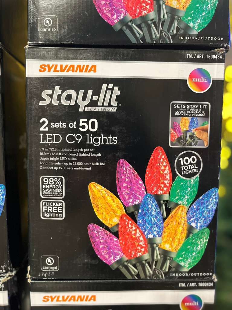 Sylvania Stay-Lit 2 Sets of 50 C9 Faceted LED Christmas Lights - Multicolor