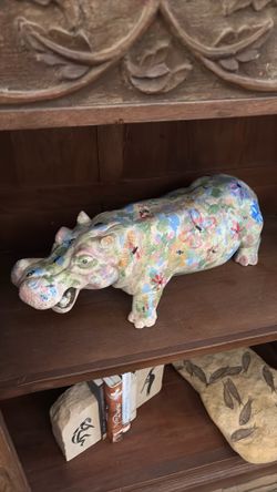 22” Hippopotamus Cement  figure HandPainted  Whimsical  22” Signed
