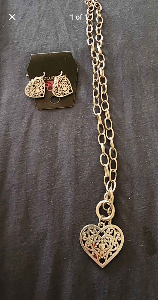 Silver Heart Earrings And Necklace