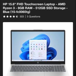 HP 5.6” FHD touch screen Amp-Ryzen 3 8GB Ram 512GB SSD Storage- Blue (15-fc0065tg)