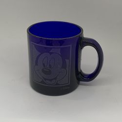 Vintage Cobalt Blue Etched Glass Mickey Mug