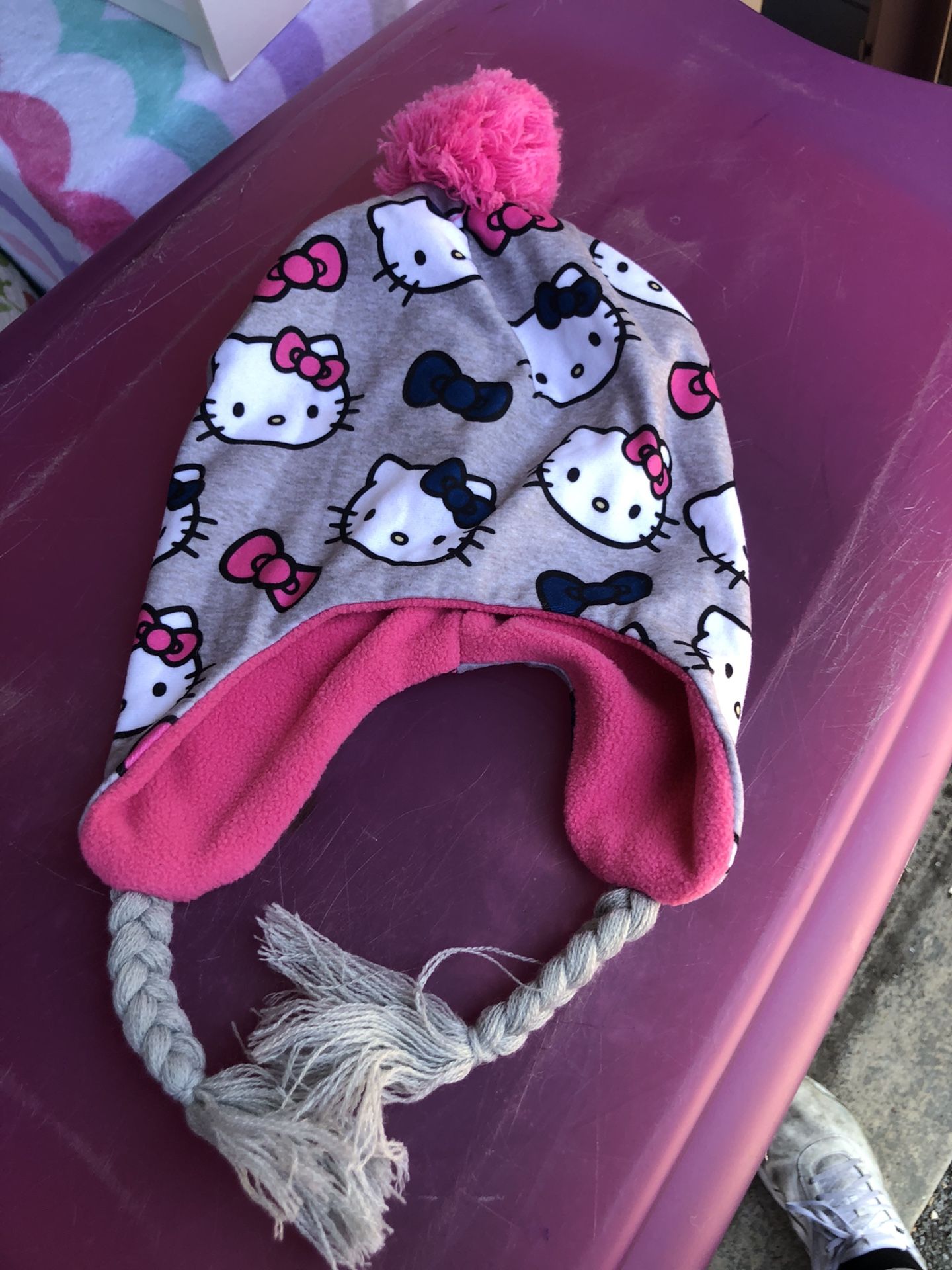 Winter hat, Hello Kitty grey with pink inside with braids, by Sanrio