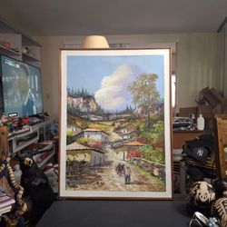 Oil Painting Of A Village Scene By Renowned Honduran Artist Sergio Almendarez Signed & Dated In 1998, Solid Wood Frame 24.5"H X 18.5"W