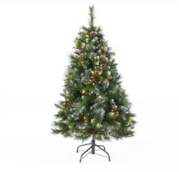 4.5 ft. Glitter Bristle Mixed Hinged Tree with Red Berry, Pine Cones, 200 CL, 407 Tips Artificial Christmas Tree, Prelit