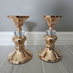 Set of 2 Gold Metal Pillar Candlestick Holders Vintage Brass Pillar Candle Holders, 6.7" H