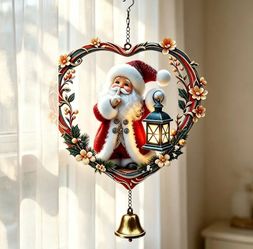 Hush, Santa's Coming: Heart Wreath Santa & Lantern Acrylic Wind Chime Ornament