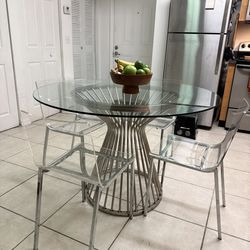 Glass Round Dining Table + 4 Acrylic Chairs – Great Condition