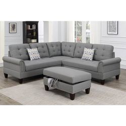 3 PC SECTIONAL  W /2 Accent  Pillow &  Ottoman  (Grey )
