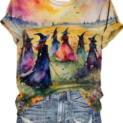 Halloween Shirts for Women Witches Gather T-Shirt Fall Casual Holiday Tee Witch Graphic Short Sleeve Vintage Salem Top. Size: L