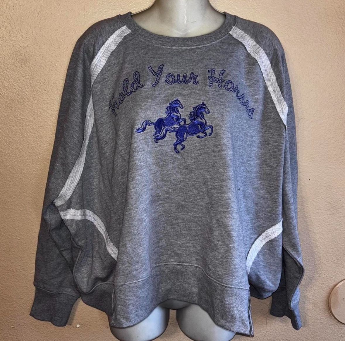 Medium Grey and blue embroidered crewneck sweatshirt with "Hold Your Horses"