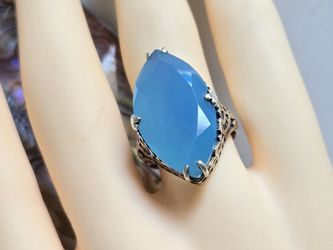 Vintage Sterling Silver Faceted Blue Agate Marquise Shaped Ring, Size 7