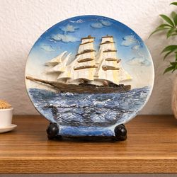 Nautical Sailing Ship Decor Plate Coastal Beach Cottage Display Stand Ocean Theme