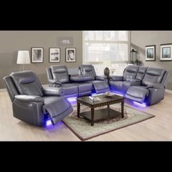 Power Electric Grey Leather Fully Reclining Couch Set 