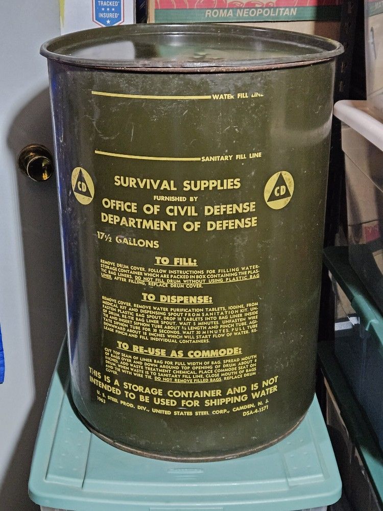 Vtg. Civil Defense Survival Supplies Barrel