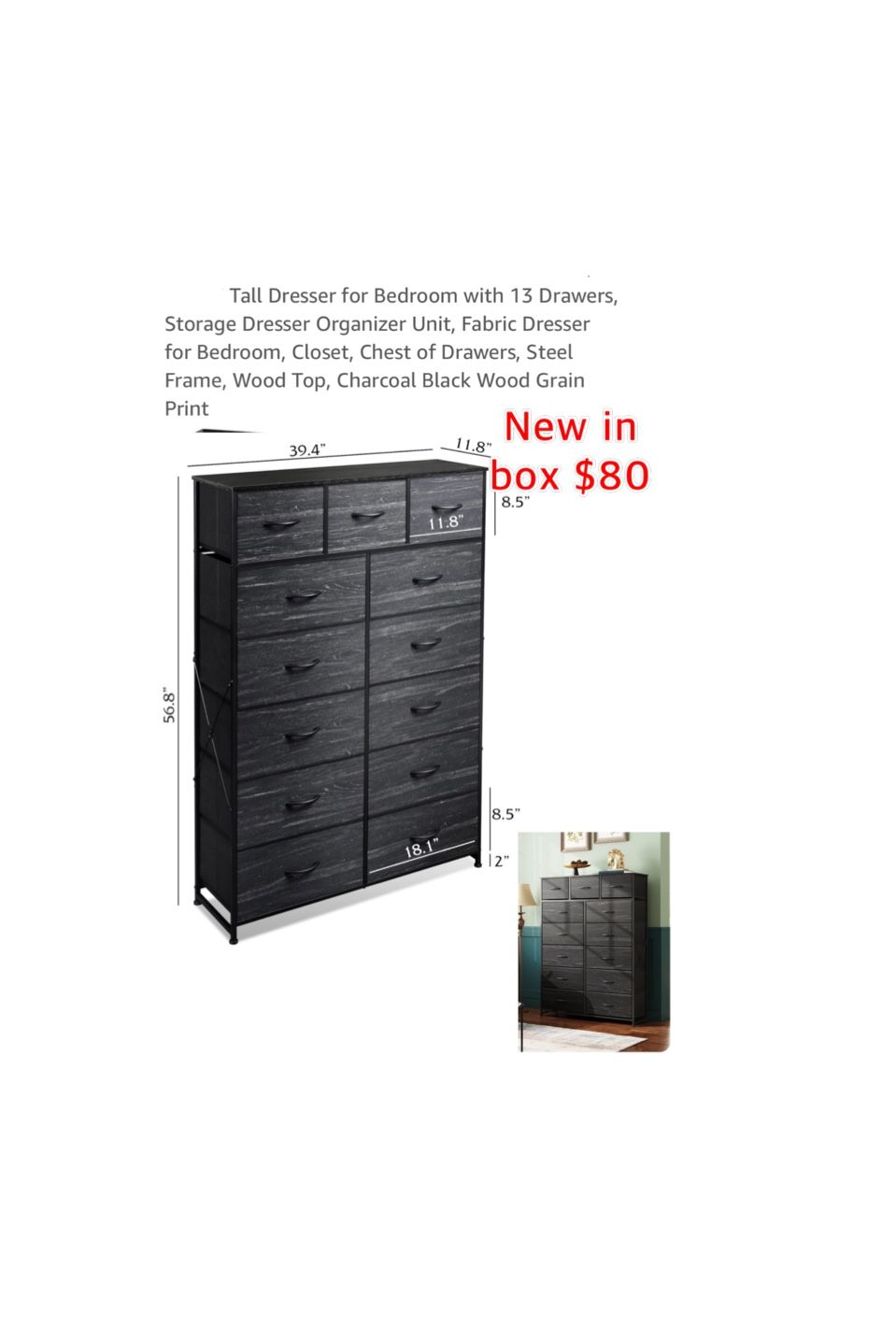 New in box Tall Dresser for Bedroom with 13 Drawers, Storage Dresser Organizer Fabric Chest of Drawers, Steel Frame, Wood Top, Charcoal Black Wood $80