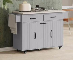 Newly Assembled Kitchen Island Cart w/ Drop Leaf & Till Out Trash Can Cabinet Rolling Kitchen Cart
