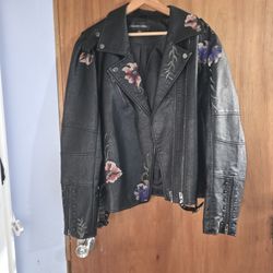 Floral Embroidered Faux Leather Jacket 