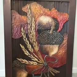 Vintage Hand-Carved Wood Relief Wall Art – Acorns & Wheat $200 obo