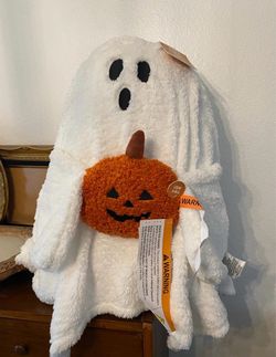 Sherpa Ghost Pillow Holding LED Light Pumpkin Plush 24" Floor Sitter Halloween