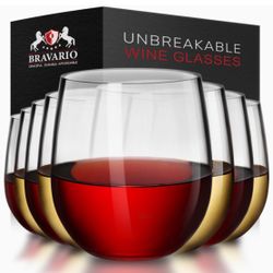 Bravario Unbreakable Stemless Plastic Wine Glasses | Reusable | Shatterproof 100% Tritan Plastic | Dishwasher-Safe | BPA-free | Awesome for Indoor & O