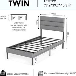 Twin Bed Frame with Linen Upholstered Headboard, Metal Platform Bed Frame, Grey
