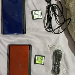 2 Blue Red Nintendo DS Lites with games and chargers