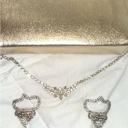 Vintage Gold Metallic Evening Clutch + Rhinestone Chain & Crystal Crown Earrings