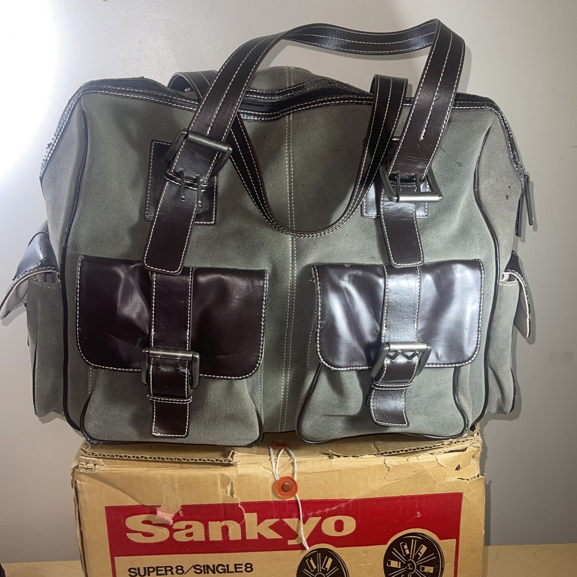 Jill-E Sage Green & Brown Leather Rolling Camera Bag Satchel