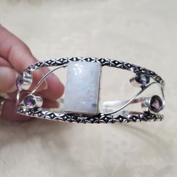 Silver Bracelet With Natural Moonstone/Mystic Topaz And Amethyst