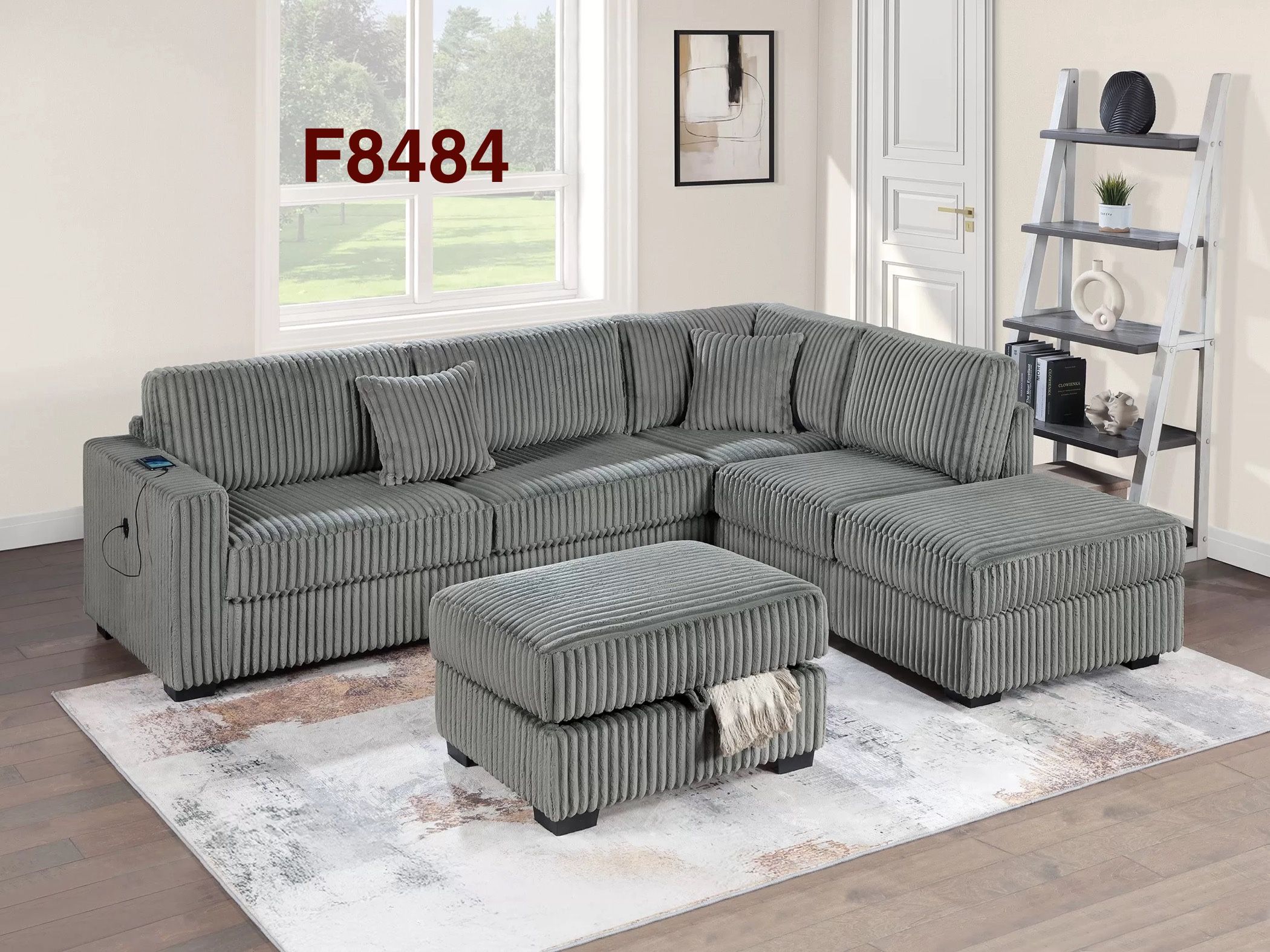 2 COLORS. CHOCOLATE/SMOKE REVERSIBLE CHAISE SECTIONAL WITH STORAGE OTTOMAN