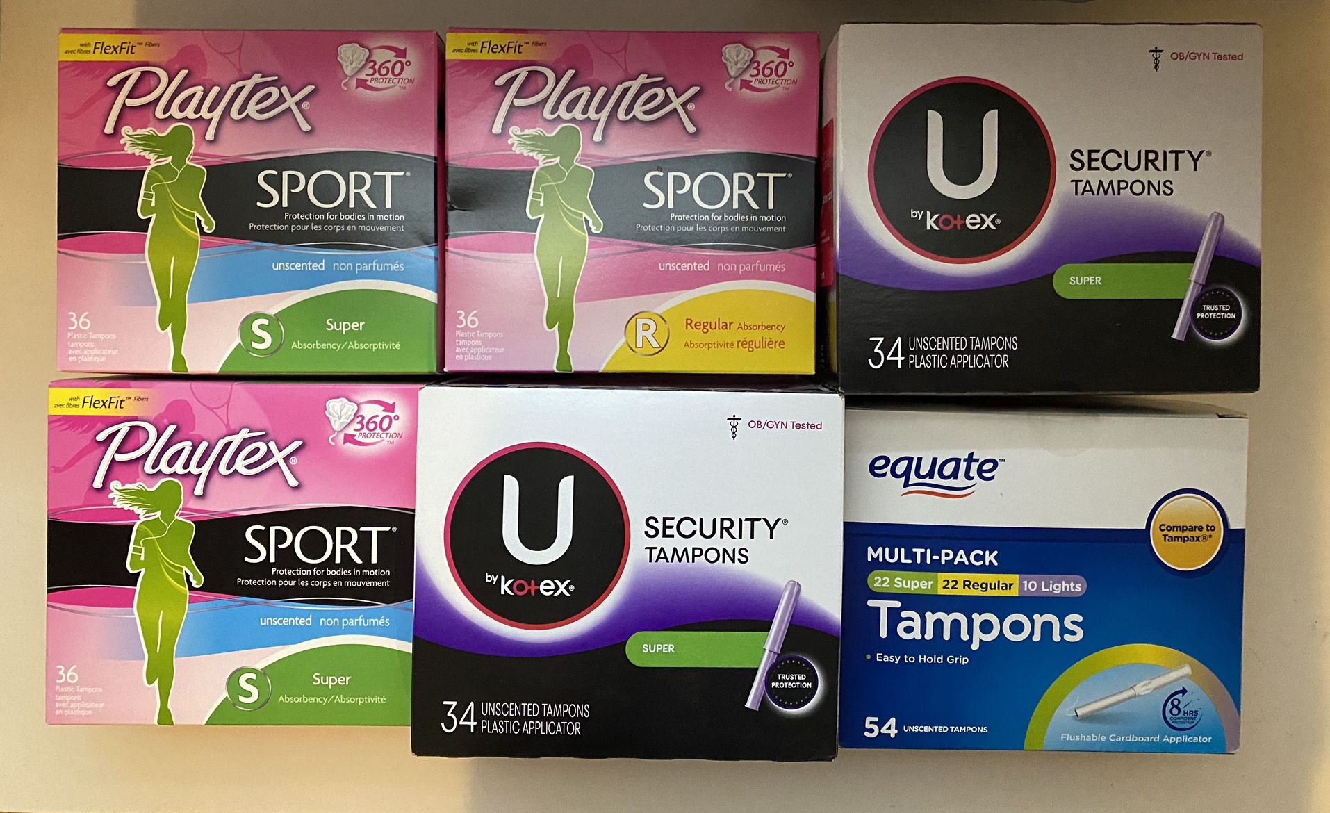 Playtex, U by Kotex or Equate Tampons 34-54 count