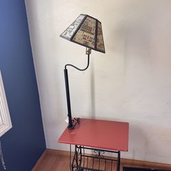 Vintage Side Table with Built-In Magazine Rack & Lamp