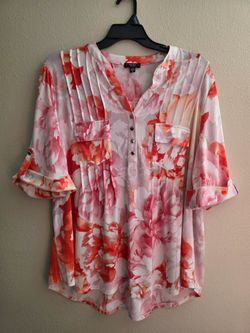Cocomo Woman 2X Pink Orange Floral Roll Tab Sleeve Blouse Plus Size