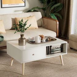 Castle Coffee Table with Drawer, Mid-Century Modern Coffee Table, 35.4" Small Coffee Table with Open Storage Space