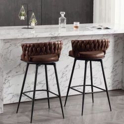 Modern Bar Stools Set of 2, 30" Bar Height Barstools, 180° Swivel Suede Fabric Stool Chairs with Woven Back and Footrest for Kitchen Island, Cafe, Pub