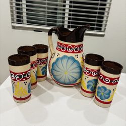 Authentic Mexican Jarra (pitcher) With Cups
