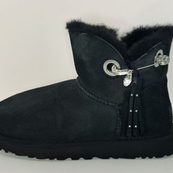 UGG Womens Mini Boots Size 8 Josey Black Swarovski Bling Pin Tassel Suede EUC