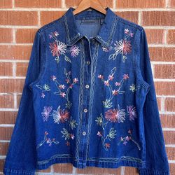 Vintage New Identity Floral Embroidered Denim Button-Up Shirt