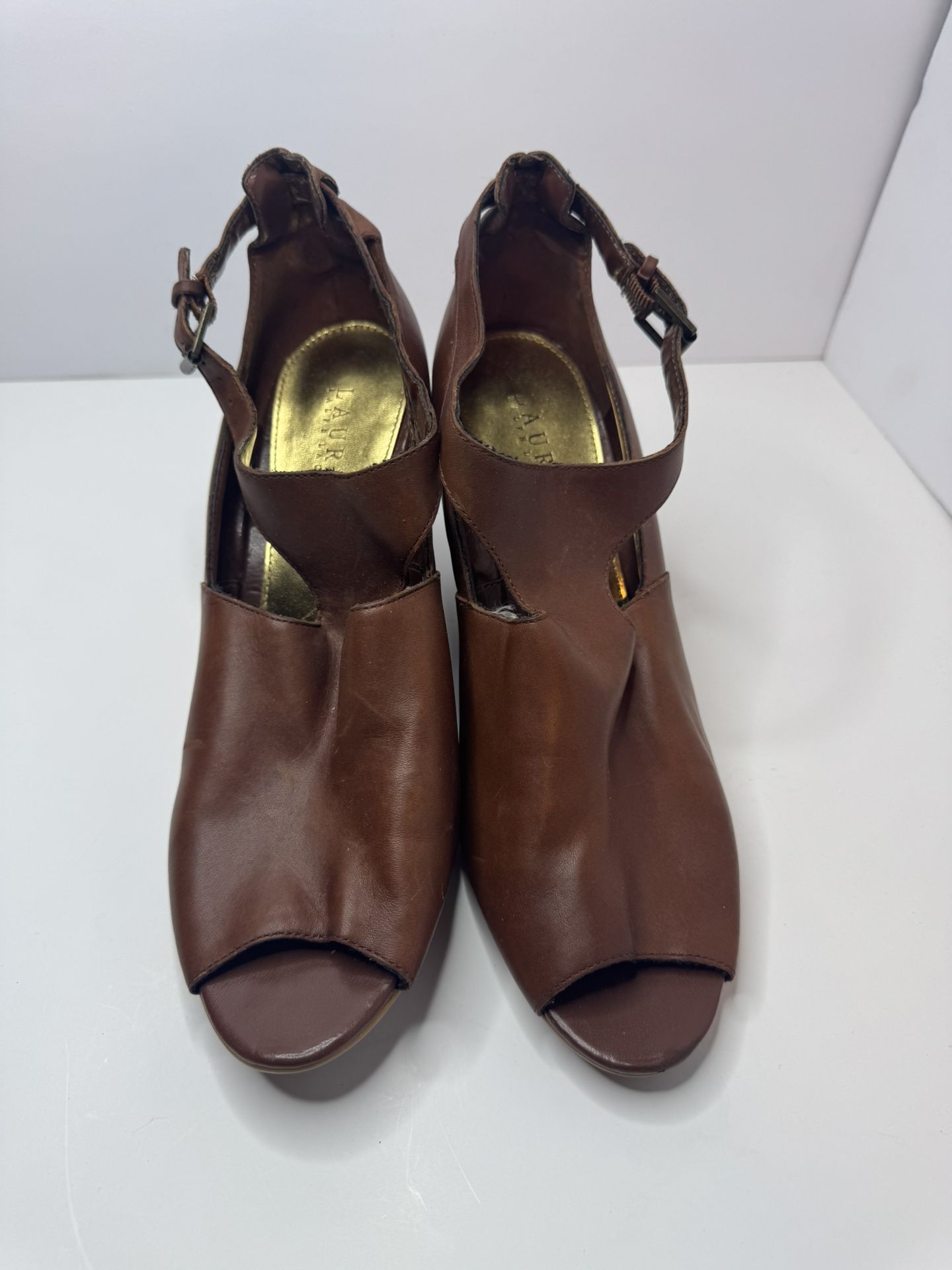 Lauren Ralph Lauren 'Hannie'Brown Leather Peep Toe Wedges Size 11B 