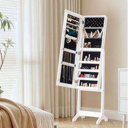 Large Storage Jewelry Mirror Organizer with Frameless Free Standing Jewelry Cabinet White
