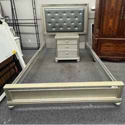 Silver Queen Bed Frame Tufted and Nightstand