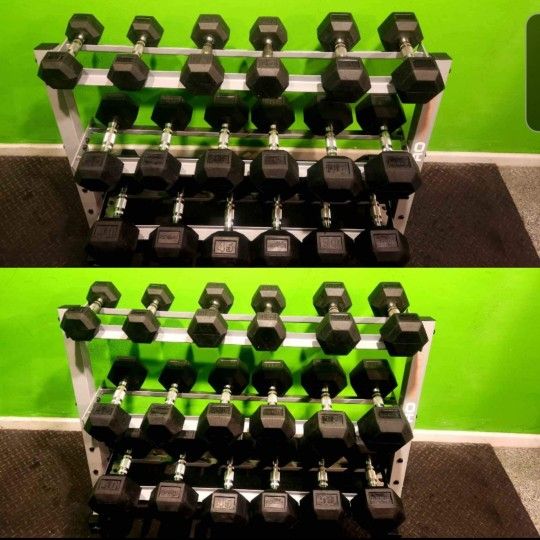 ROGUE 10-50LB RUBBER HEX DUMBBELLS WEIGHTS & 3 TIER DUMBBELL RACK