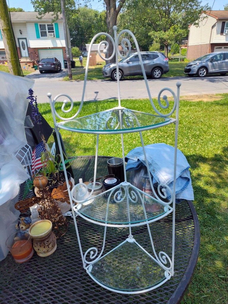 3 Tier White Wrought Iron Shelf With Glass Slide In Shelves