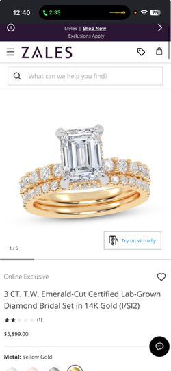 Zales 3 CT Emerald-Cut Lab-Grown Diamond Bridal Set 14K Gold