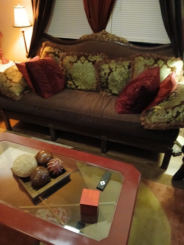 Couch, pillows, and chair