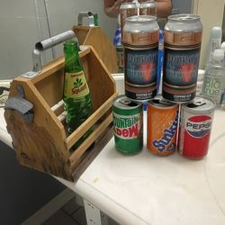 Old School Pop Can  With Wooden Carrier 