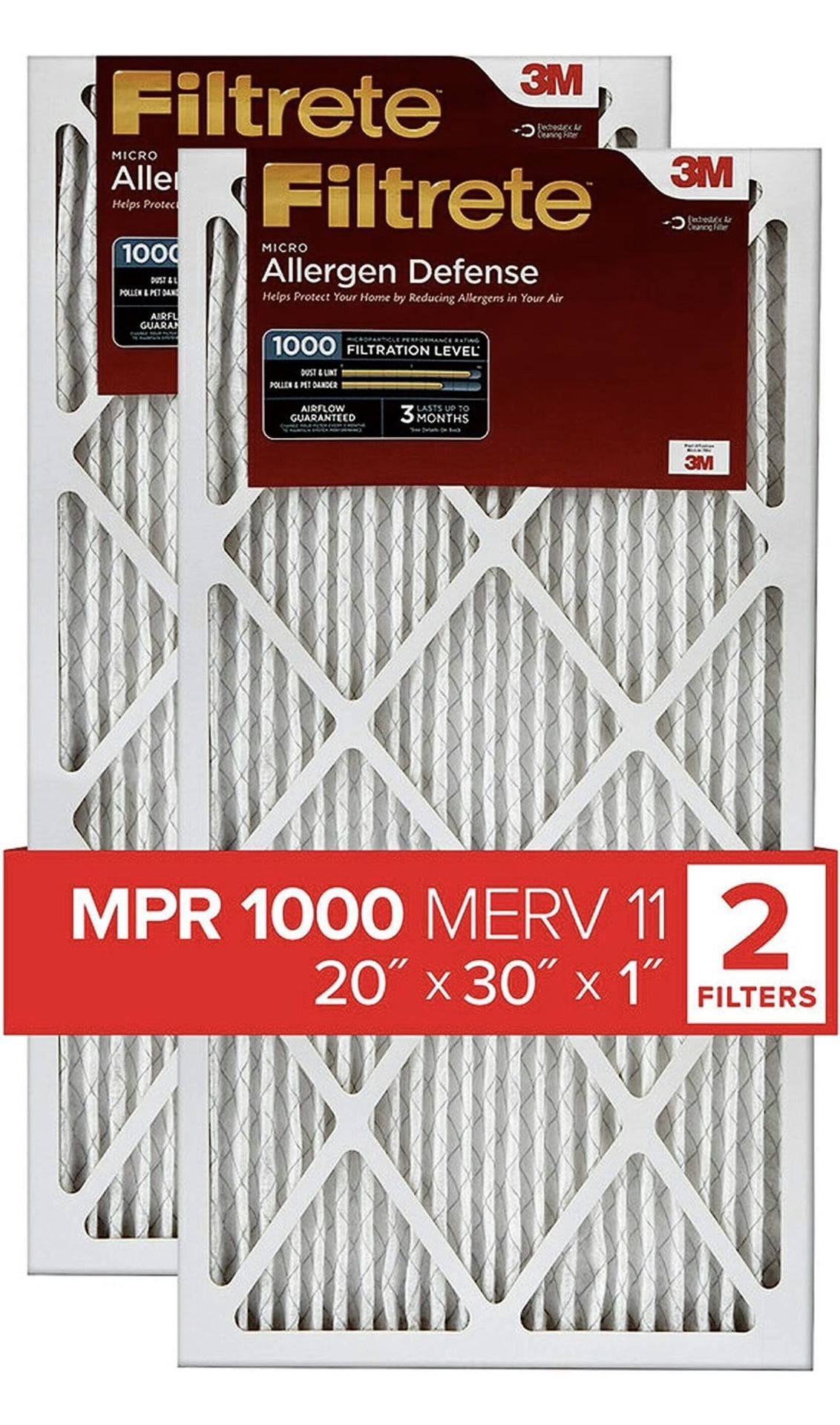 Filtrete 20x30x1, AC Furnace Air Filter, MPR 1000, Micro Allergen Defense, 2-Pack (exact dimensions 19.81 x 29.81 x 0.81)