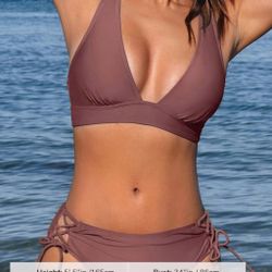 Medium Pale Mauve CUPSHE Bikini Set Two Piece Swimsuit V Neck Triangle Top Wide Straps Cross Back Lace up Mid Rise