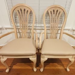 2 Upholstered Seat Arm Chairs Pair Solid Wood Cream Beige Color Dining Living Room Bedroom Kitchen Hallway Entry Hall Bed Entryway Antique Shield Back